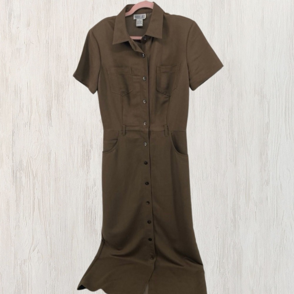 Robbie Bee Women 10 Brown Maxi Shirt Dress Button Front Pocket Utility Military